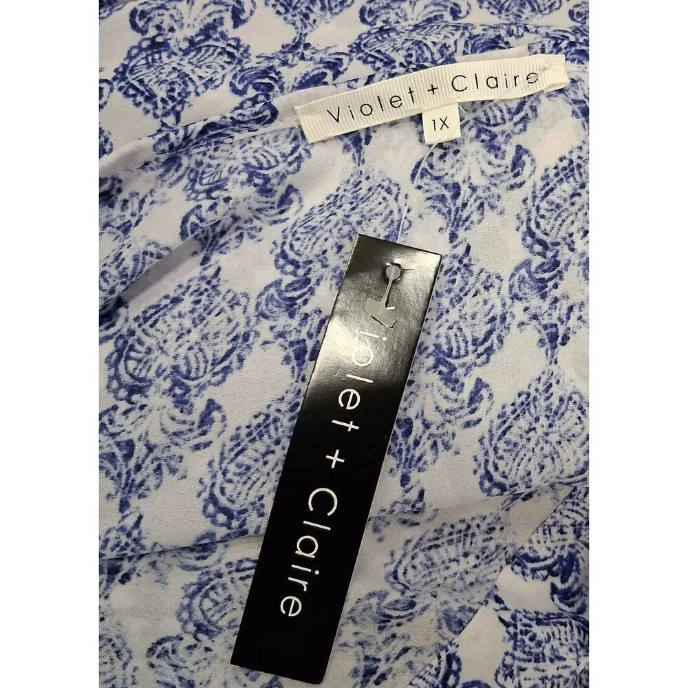 womens 1X plus blouse Violet + Claire Blue White Floral Tassel Tunic - Picture 5 of 8